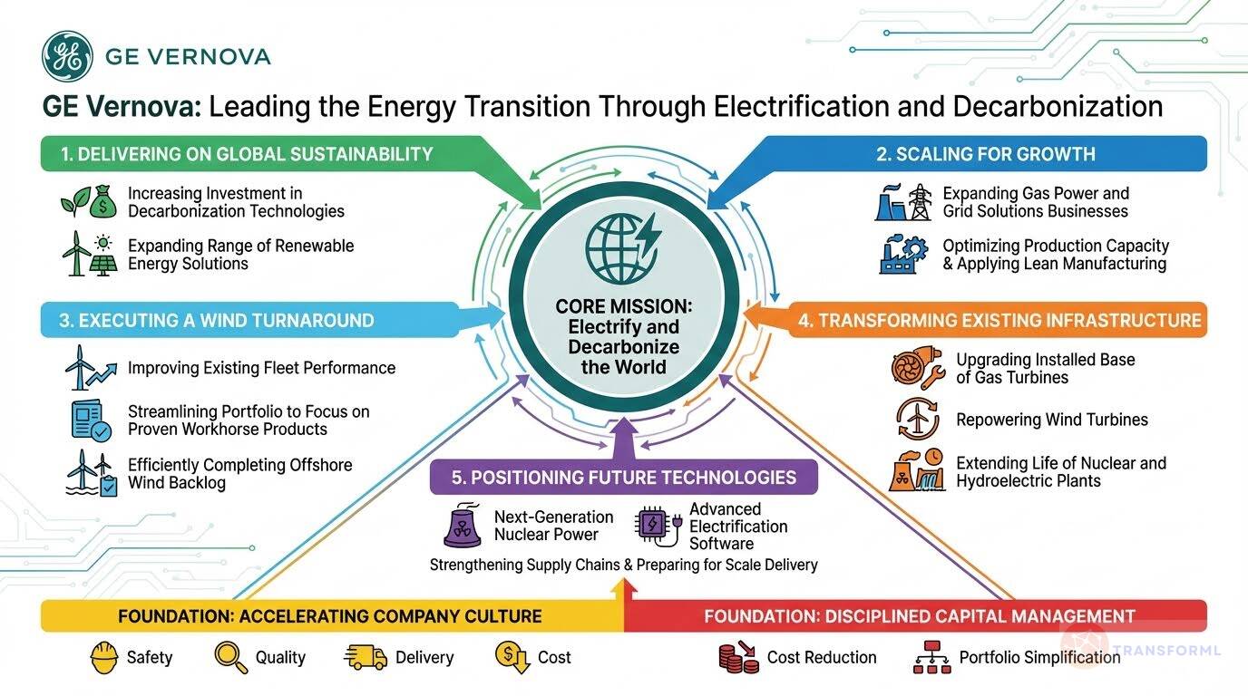 GE Vernova corporate strategy infographic illustrating its mission to electrify and decarbonize the world through renewable energy, grid solutions, gas power optimization, wind turnaround, and future energy technologies.