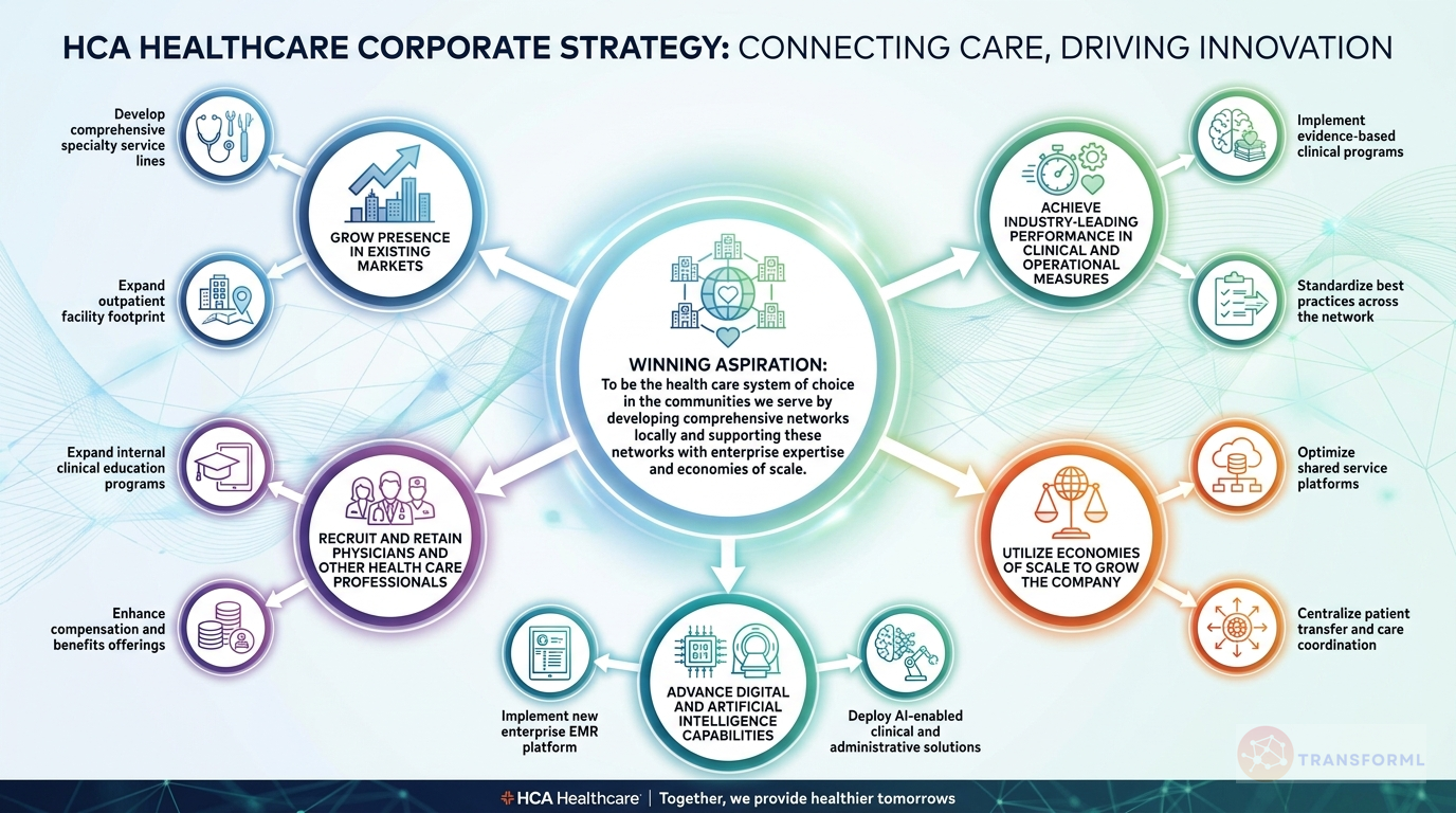 HCA Healthcare, Inc. strategy cascade analysis highlighting Digital Transformation and AI Integration and Comprehensive Network Expansion.