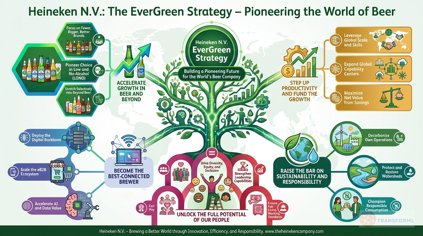 Heineken N.V. strategy cascade analysis highlighting Accelerate Growth in Premium, LONO, and Beyond Beer and Step Up Productivity and Capital Discipline.
