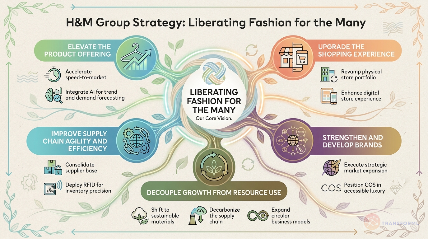 H&M Group strategy cascade analysis highlighting Elevated Product Offering and Seamless Omni-channel Experience.