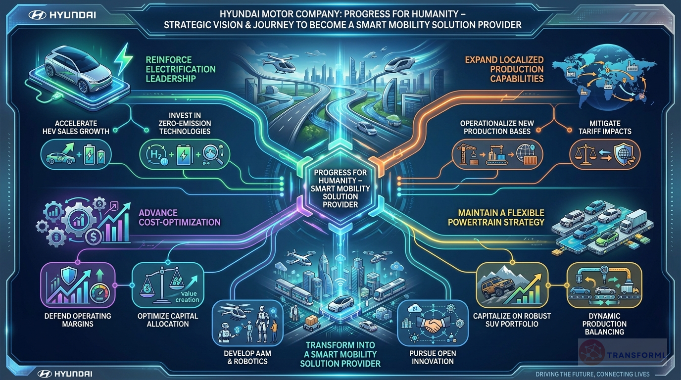 Hyundai Motor Company strategy cascade analysis highlighting Electrification Leadership and Flexible Powertrain Strategy.