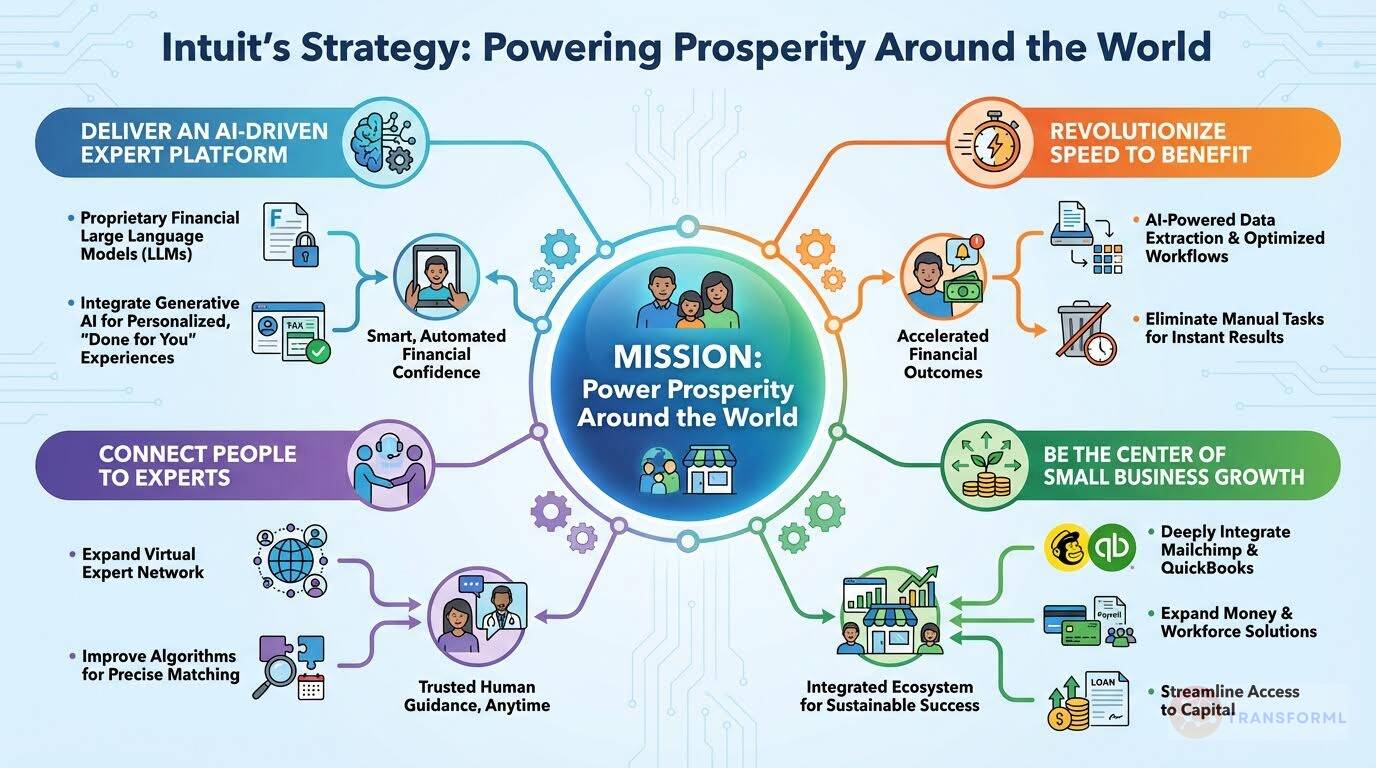 Intuit corporate strategy infographic illustrating AI-driven financial platform, expert assistance, small business growth ecosystem, and global prosperity mission