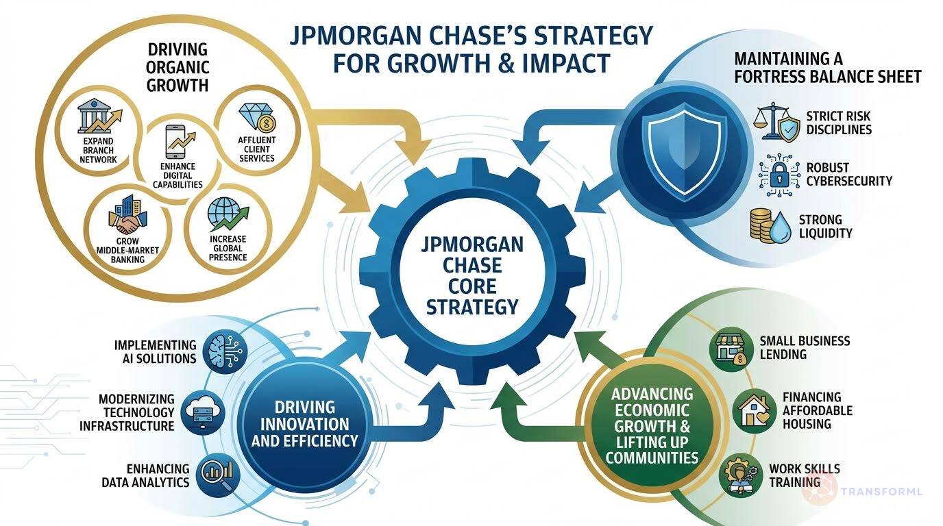 JPMorgan Chase corporate strategy diagram illustrating growth and impact through organic expansion, innovation and efficiency, fortress balance sheet management, and community-focused economic development.