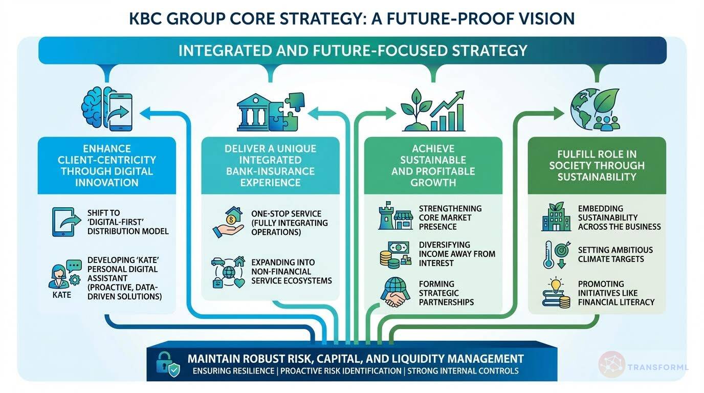 KBC Group core strategy visualization showing an integrated bank-insurance model focused on digital innovation, sustainable growth, client centricity, risk management, and societal impact.