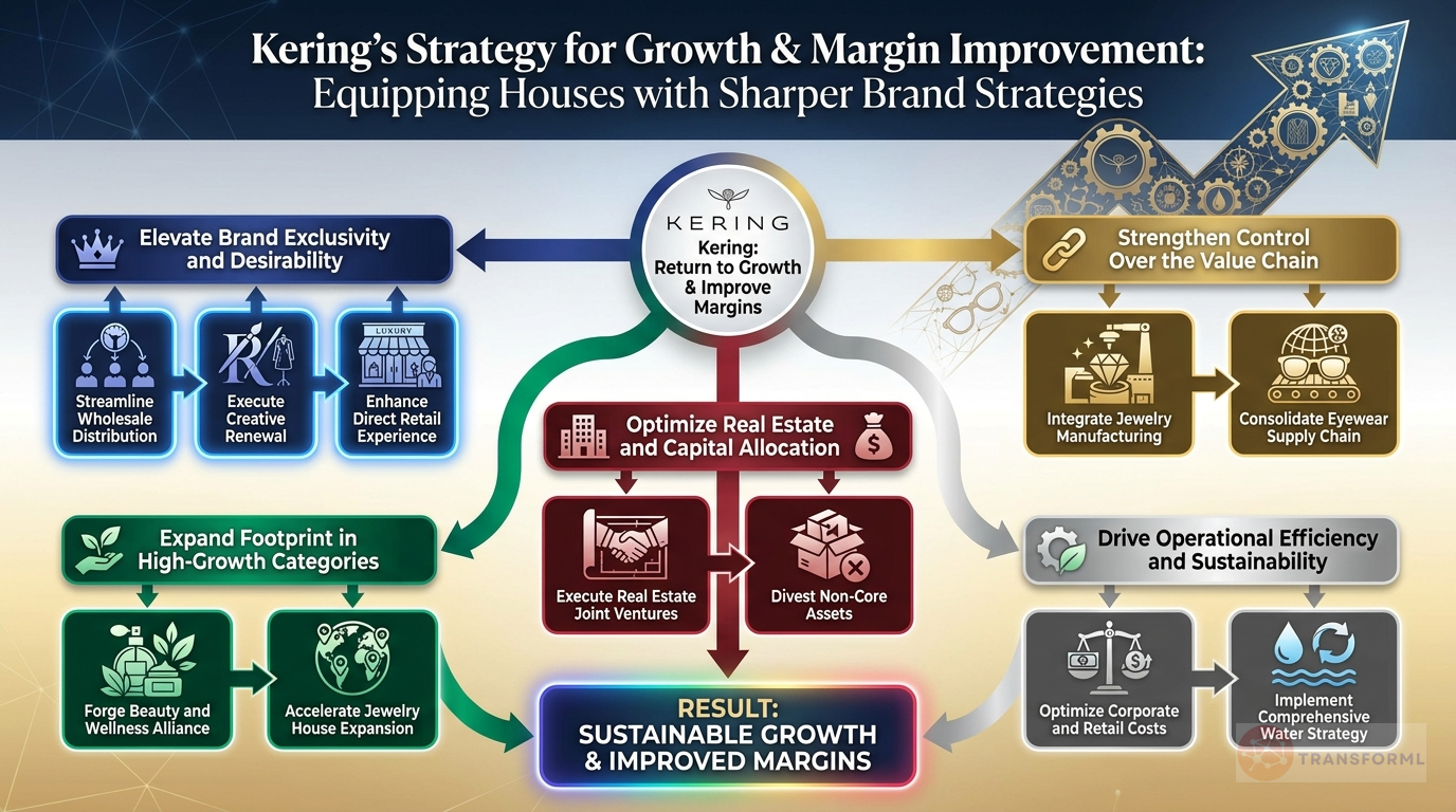 Kering strategy cascade analysis highlighting Brand Elevation & Exclusivity and Value Chain Integration.