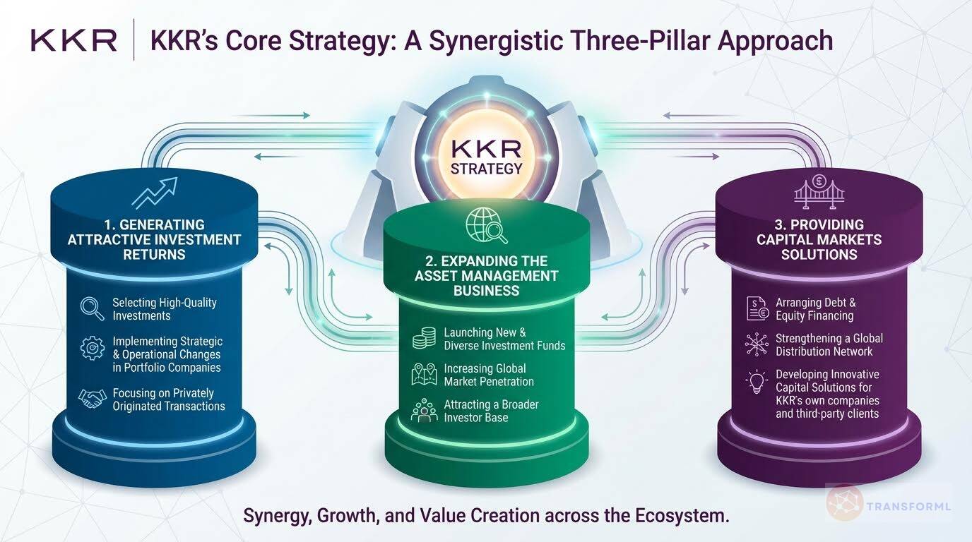 KKR core strategy diagram presenting a three-pillar approach to investment returns, asset management expansion, and capital markets solutions