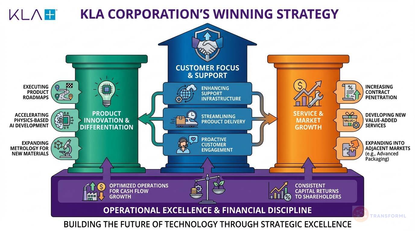 Corporate strategy infographic for KLA highlighting product innovation, customer focus, service growth, and operational excellence in semiconductor process control and metrology.