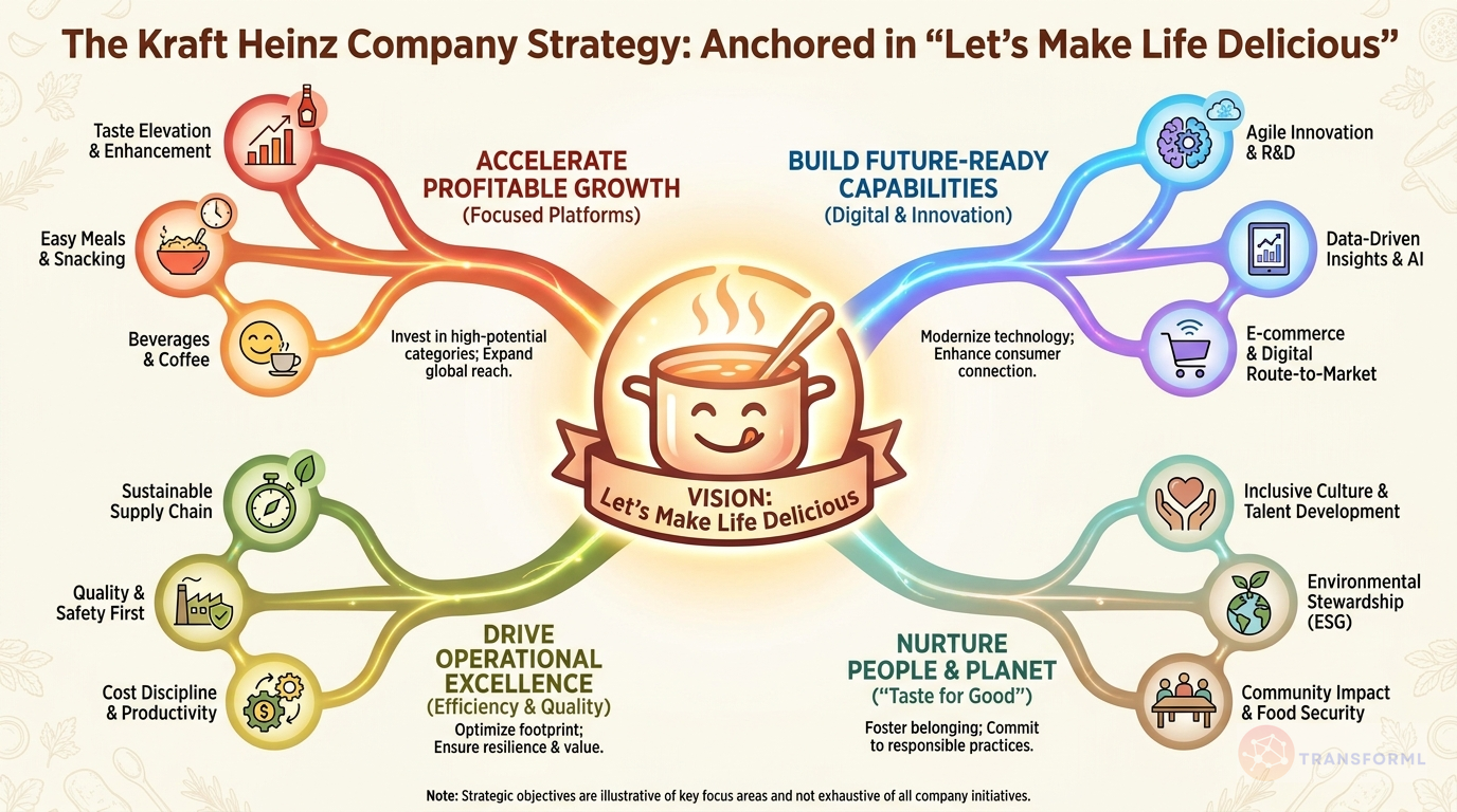 The Kraft Heinz Company strategy cascade analysis highlighting Portfolio Optimization and Role-Based Allocation and Consumer-Obsessed Innovation and Health.
