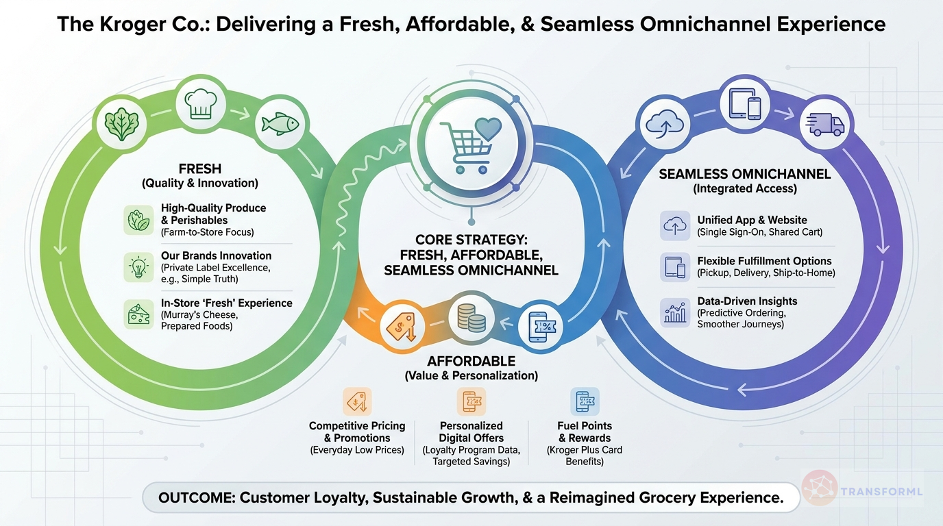 The Kroger Co. strategy cascade analysis highlighting Digital Transformation & eCommerce Growth and Value & Affordability (Pricing & Promotions).