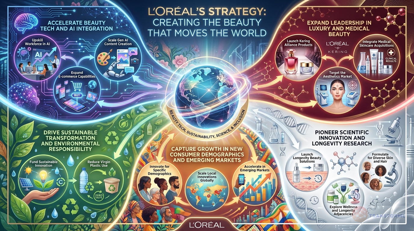 L'Oréal strategy cascade analysis highlighting Digital Transformation & AI Integration and Scientific Innovation & Longevity.