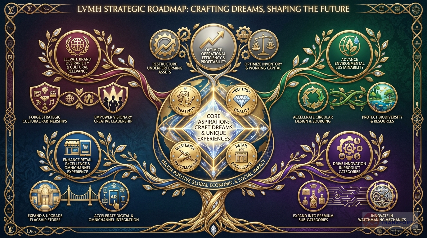 LVMH Moët Hennessy Louis Vuitton strategy cascade analysis highlighting Brand Desirability & Cultural Elevation and Retail Excellence & Selective Expansion.