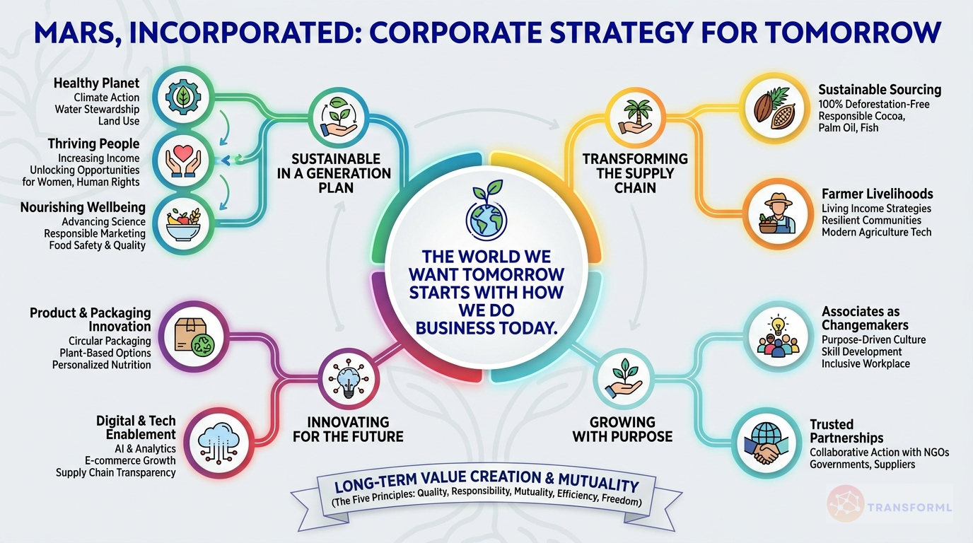 Mars, Incorporated strategy cascade analysis highlighting Climate Action & Net Zero Emissions and Sustainable & Resilient Supply Chains.