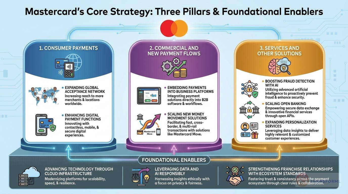 Mastercard core strategy infographic outlining three pillars—consumer payments, commercial and new payment flows, and services—enabled by cloud technology, data, AI, and ecosystem partnerships.