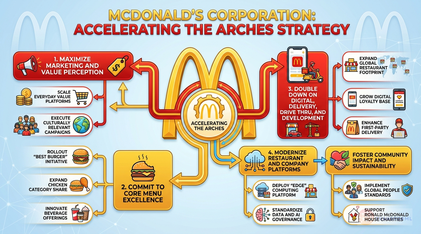 McDonald's Corporation strategy cascade analysis highlighting Maximize our Marketing (Value and Cultural Relevance) and Commit to the Core (Beef, Chicken, and Beverages).
