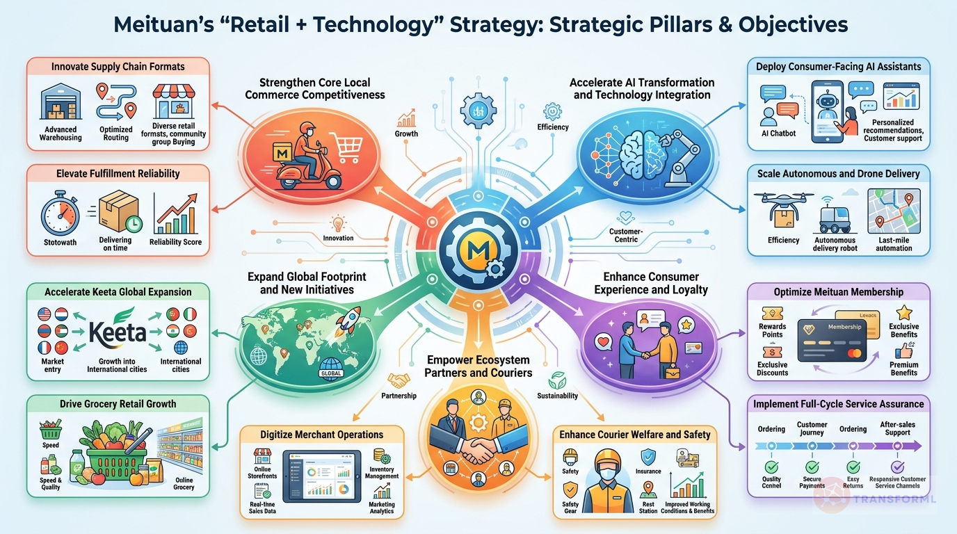 Meituan strategy cascade analysis highlighting Retail + Technology Integration and AI-Driven Operational Transformation.