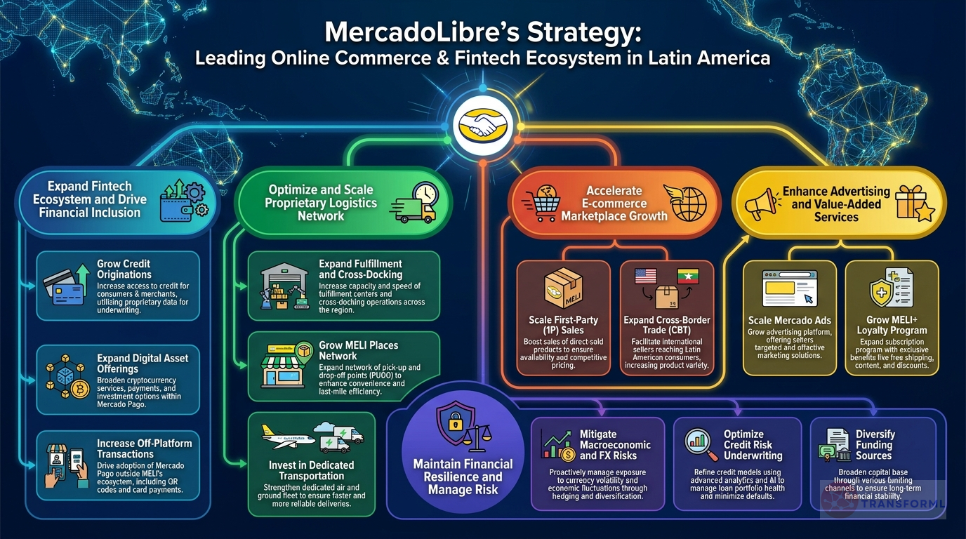 MercadoLibre, Inc. strategy cascade analysis highlighting Ecosystem Integration & Flywheel Effect and Fintech Expansion & Financial Inclusion.