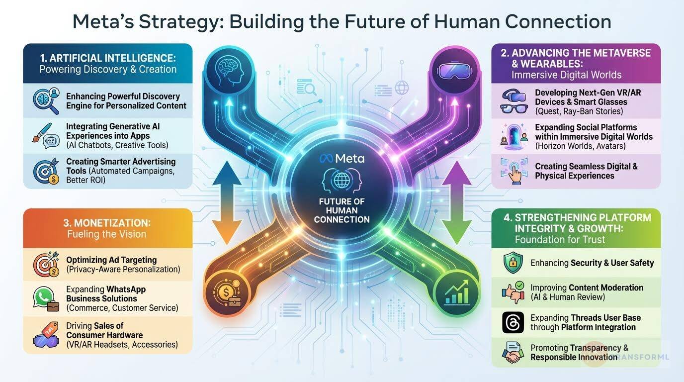 Meta strategy diagram illustrating the future of human connection through artificial intelligence, metaverse and wearables development, monetization, platform integrity, and trust-driven growth.