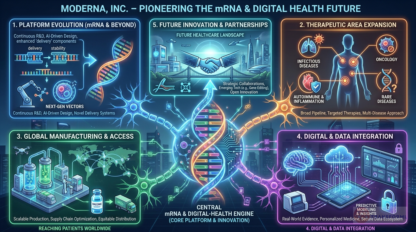Moderna, Inc. strategy cascade analysis highlighting mRNA Platform Innovation and Expansion and Commercial Growth and Geographic Expansion.