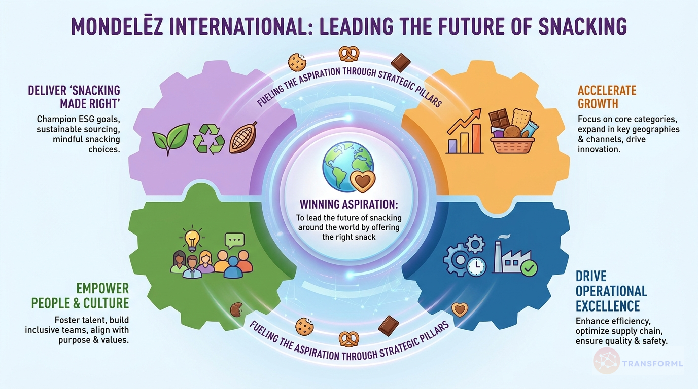 Mondelēz International, Inc. strategy cascade analysis highlighting Consumer-Centric Growth and Operational & Cost Excellence.