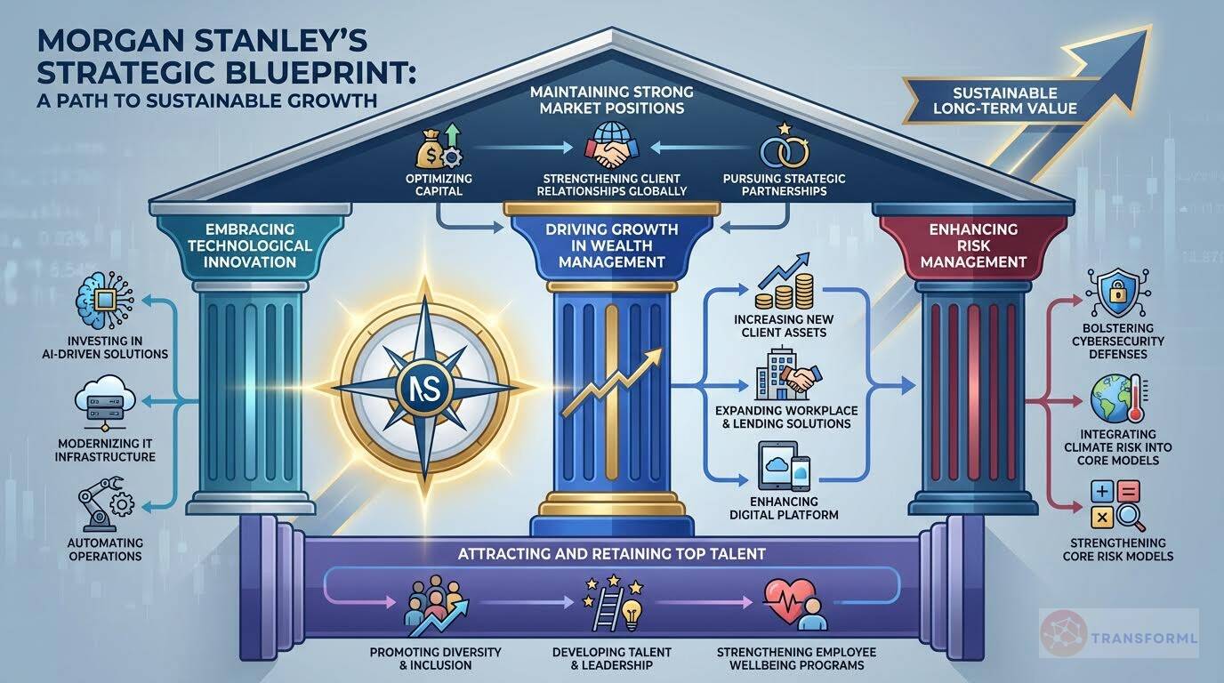 Morgan Stanley strategic blueprint illustrating sustainable growth through wealth management expansion, technological innovation, risk management, talent development, and long-term value creation.