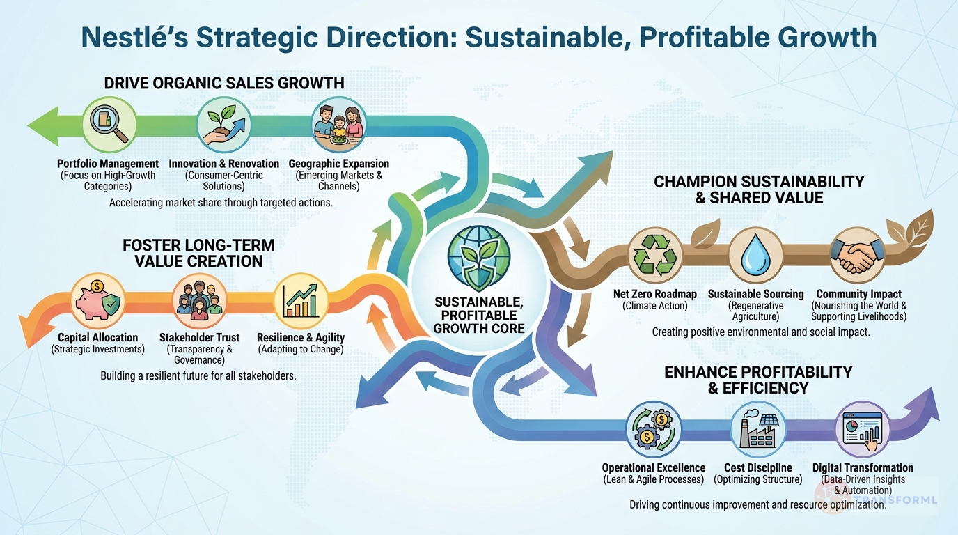 Nestlé strategy cascade analysis highlighting Driving RIG-led Growth and Building a Winning Portfolio.