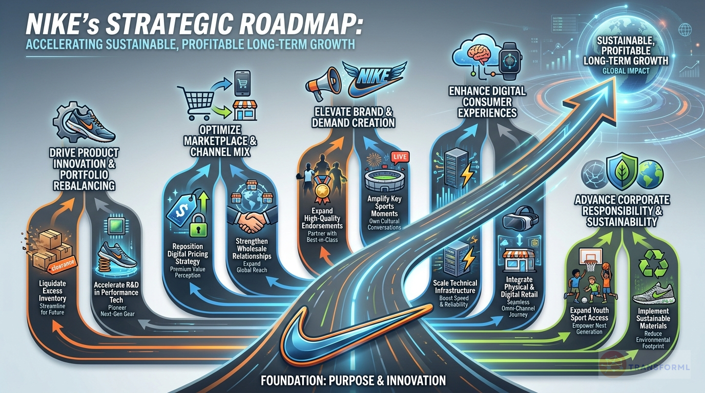 NIKE, Inc. strategy cascade analysis highlighting Product Portfolio Rebalancing & Innovation and Marketplace & Channel Mix Optimization.