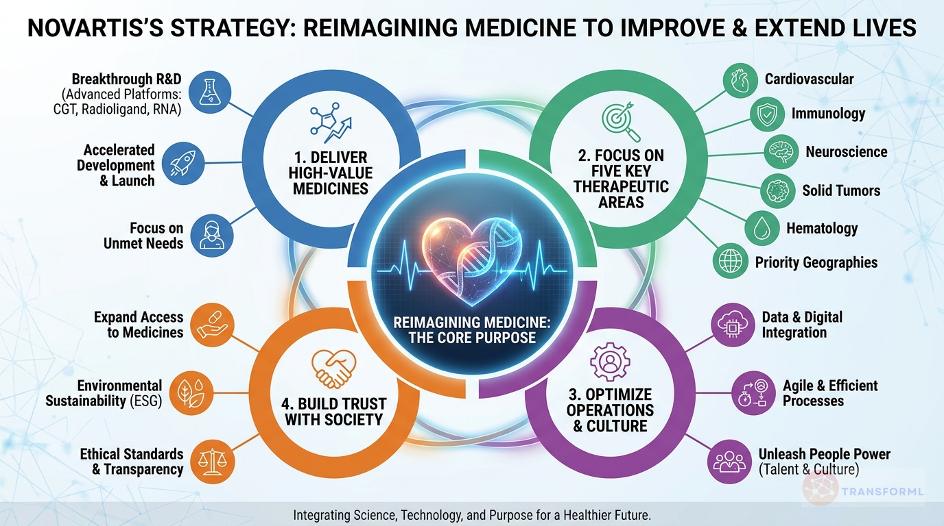 Novartis strategy cascade analysis highlighting Deliver high-value medicines to accelerate growth and Embed operational excellence to deliver returns.