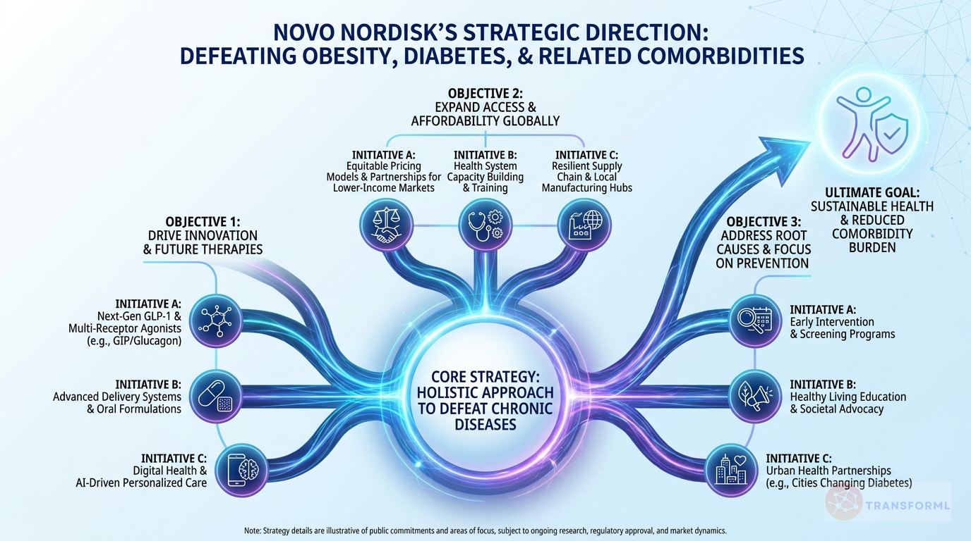 Novo Nordisk strategy cascade analysis highlighting Expanding Obesity and Diabetes Leadership and Accelerating Innovation and Pipeline Development.