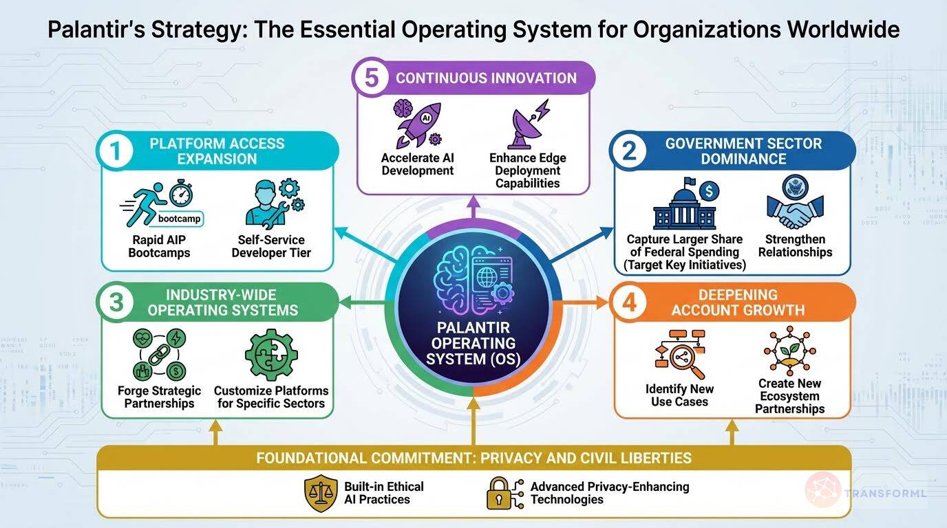 Palantir corporate strategy diagram showing its operating system vision, government sector dominance, platform expansion, continuous AI innovation, and privacy-first foundation