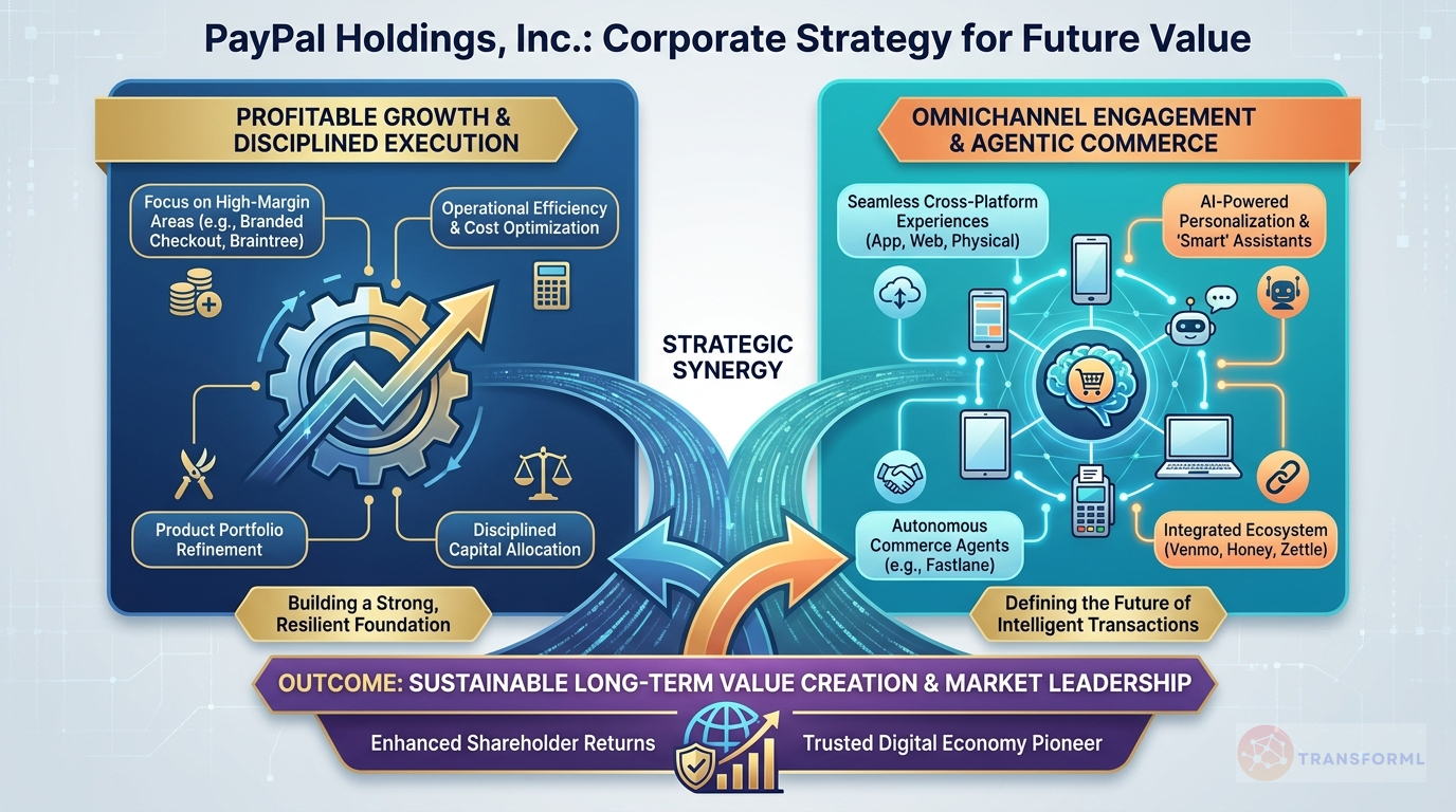 PayPal Holdings, Inc. strategy cascade analysis highlighting Profitable Growth and Disciplined Execution and Omnichannel Engagement and Agentic Commerce.
