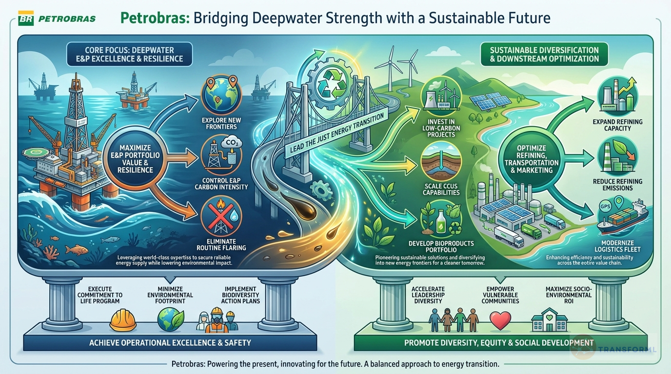 Petrobras strategy cascade analysis highlighting Just Energy Transition & Decarbonization and E&P Portfolio Resilience & Expansion.