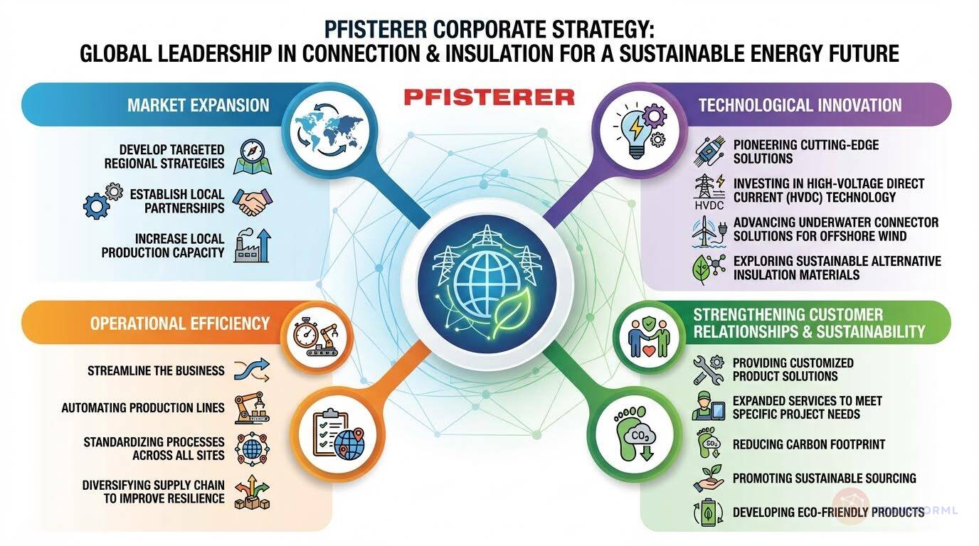 Strategy diagram of Pfisterer highlighting global expansion, HVDC technology innovation, operational efficiency, customer-centric solutions, and sustainability in energy infrastructure.