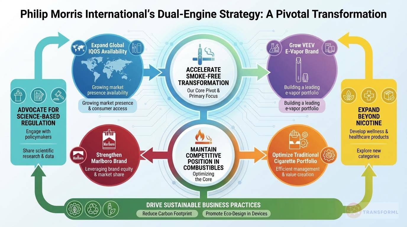Philip Morris International dual-engine strategy visual highlighting smoke-free transformation, IQOS expansion, traditional cigarette optimization, and sustainability
