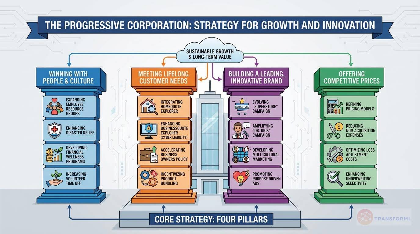 Progressive Corporation strategy visualization showing four pillars for growth and innovation: people and culture, customer-centric products, brand leadership, and competitive pricing in insurance markets.