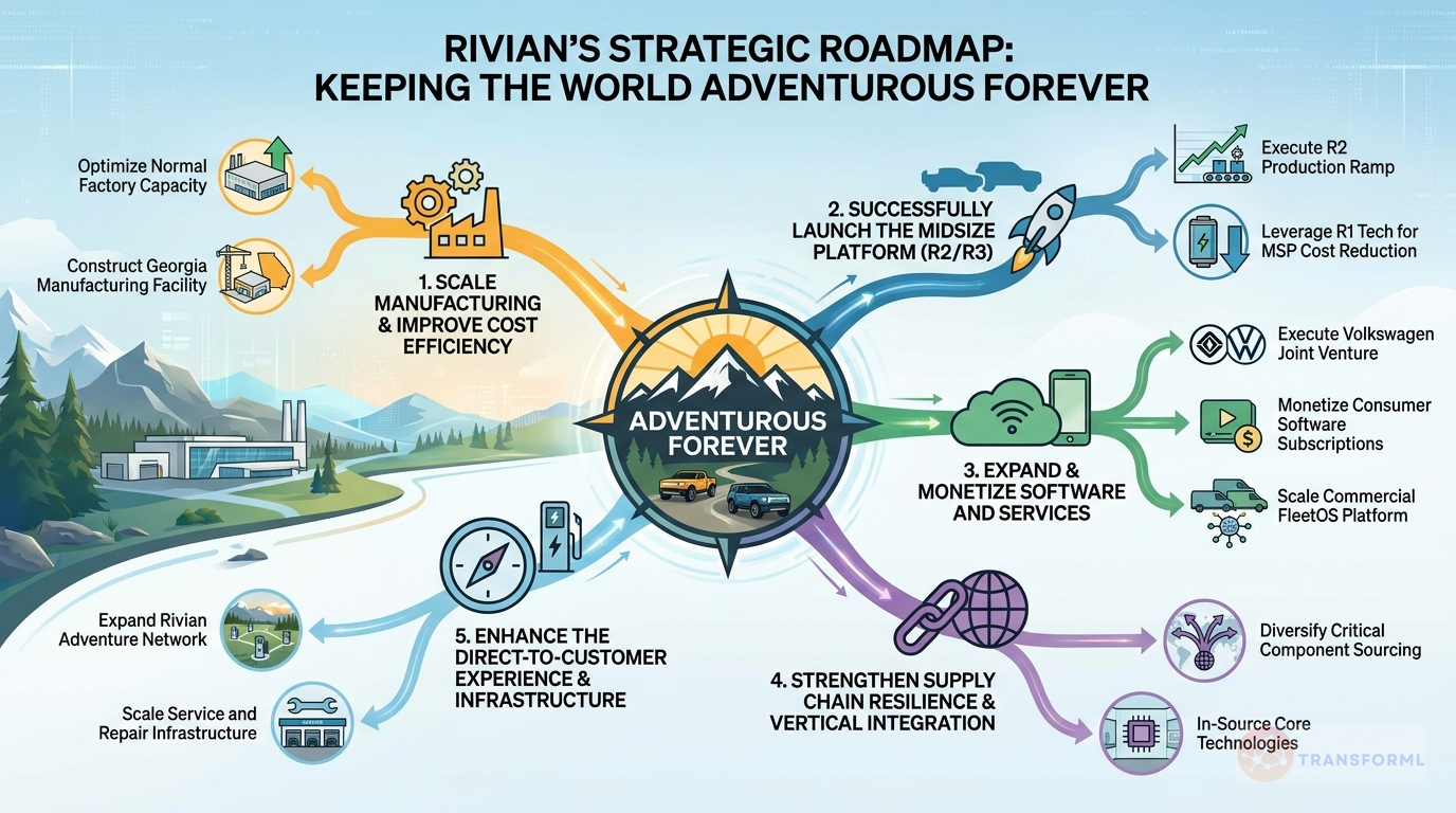 Rivian Automotive, Inc. strategy cascade analysis highlighting Vertical Integration & In-House Technology and Software & Services Monetization.
