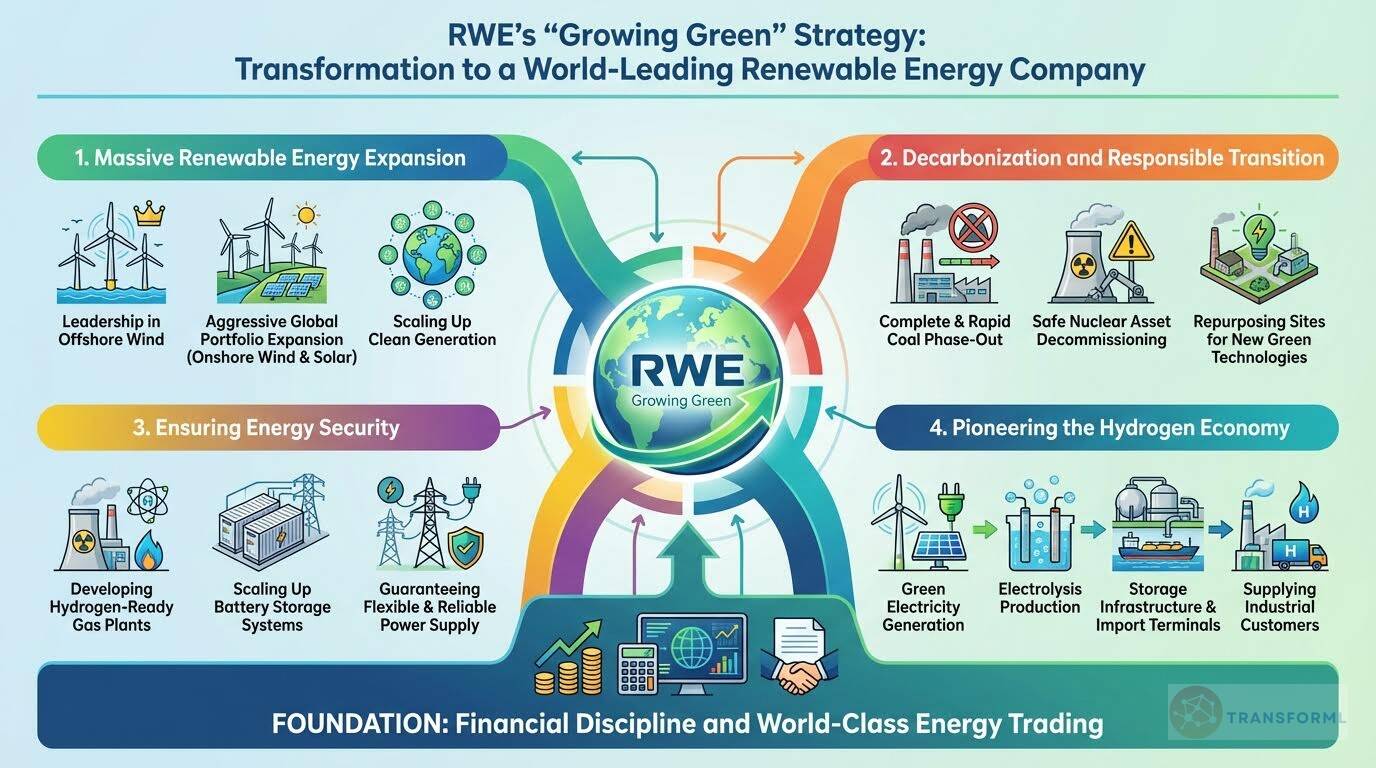 RWE "Growing Green" strategy visualization illustrating renewable energy expansion, decarbonization, hydrogen economy development, energy security, and financial discipline in energy trading.