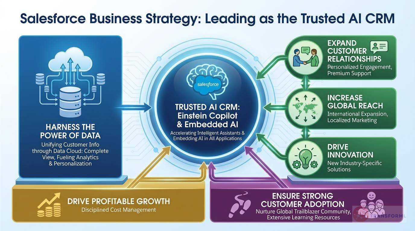 Salesforce business strategy diagram illustrating its trusted AI CRM vision with Einstein Copilot, unified data cloud, customer engagement, global expansion, innovation, and profitable growth