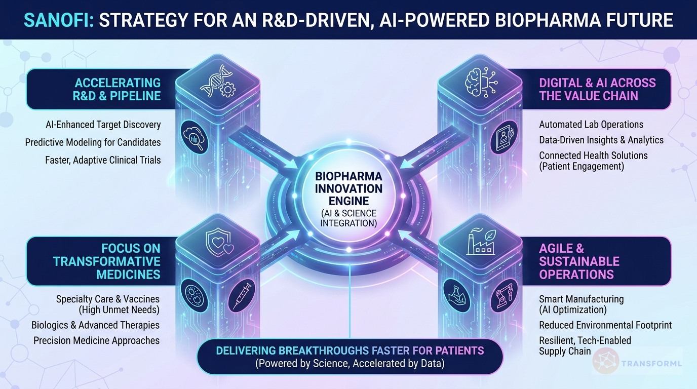 Sanofi strategy cascade analysis highlighting Focus on Growth and Lead with Innovation.