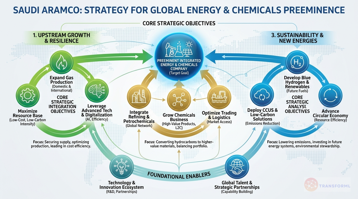Saudi Aramco strategy cascade analysis highlighting Upstream Preeminence and Gas Expansion and Downstream Integration and Liquids-to-Chemicals.
