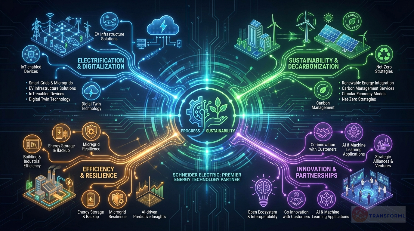 Schneider Electric strategy cascade analysis highlighting Technology Leadership & AI Integration and Customer Differentiation via Ecosystems.