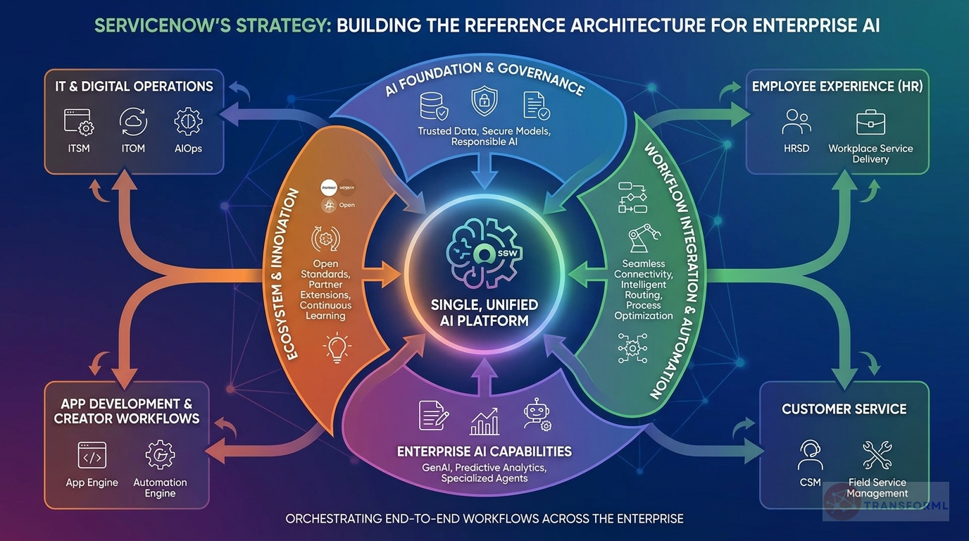 ServiceNow, Inc. strategy cascade analysis highlighting Enterprise AI Leadership & Autonomous Agents and End-to-End Workflow Automation.