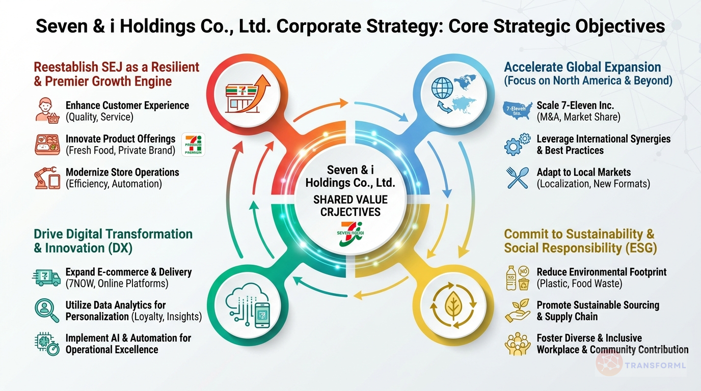 Seven & i Holdings Co., Ltd. strategy cascade analysis highlighting Global CVS Expansion & Equity Investment Model and Food-Centric Strategy & Proprietary Products.