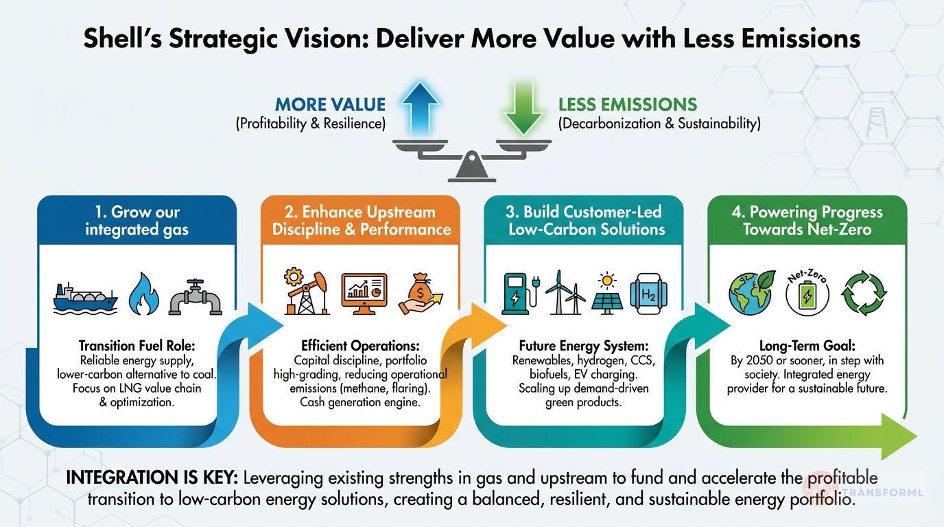 Shell plc strategy cascade analysis highlighting Grow our integrated gas and LNG business and Keep liquids production stable.