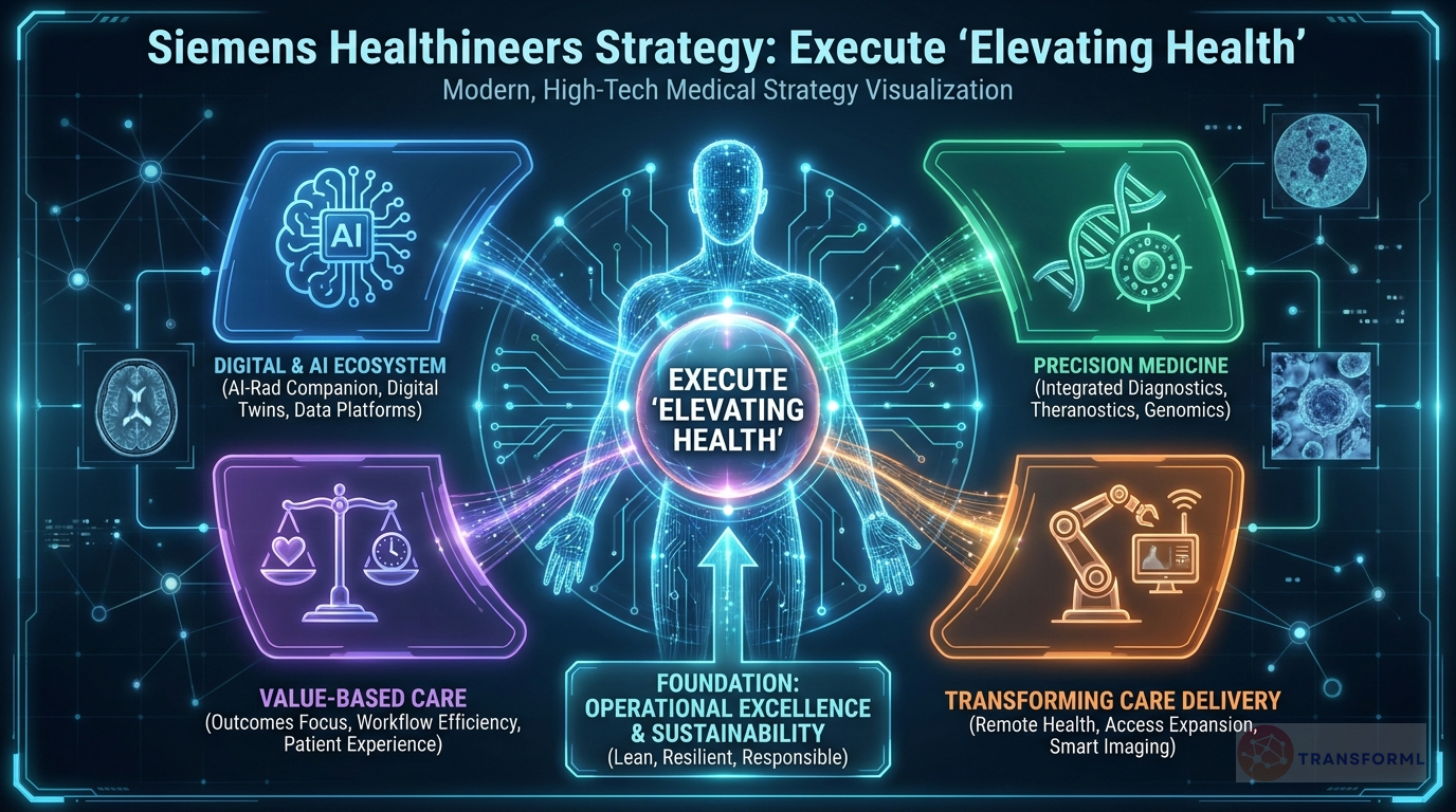 Siemens Healthineers AG strategy cascade analysis highlighting Elevating Health Globally (2026-2030 Strategy) and Patient Twinning & Healthcare AI.