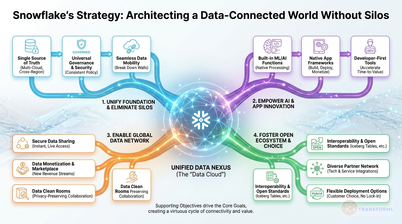 Snowflake Inc. strategy cascade analysis highlighting Enterprise AI Adoption & Innovation and End-to-End Data Lifecycle Management.