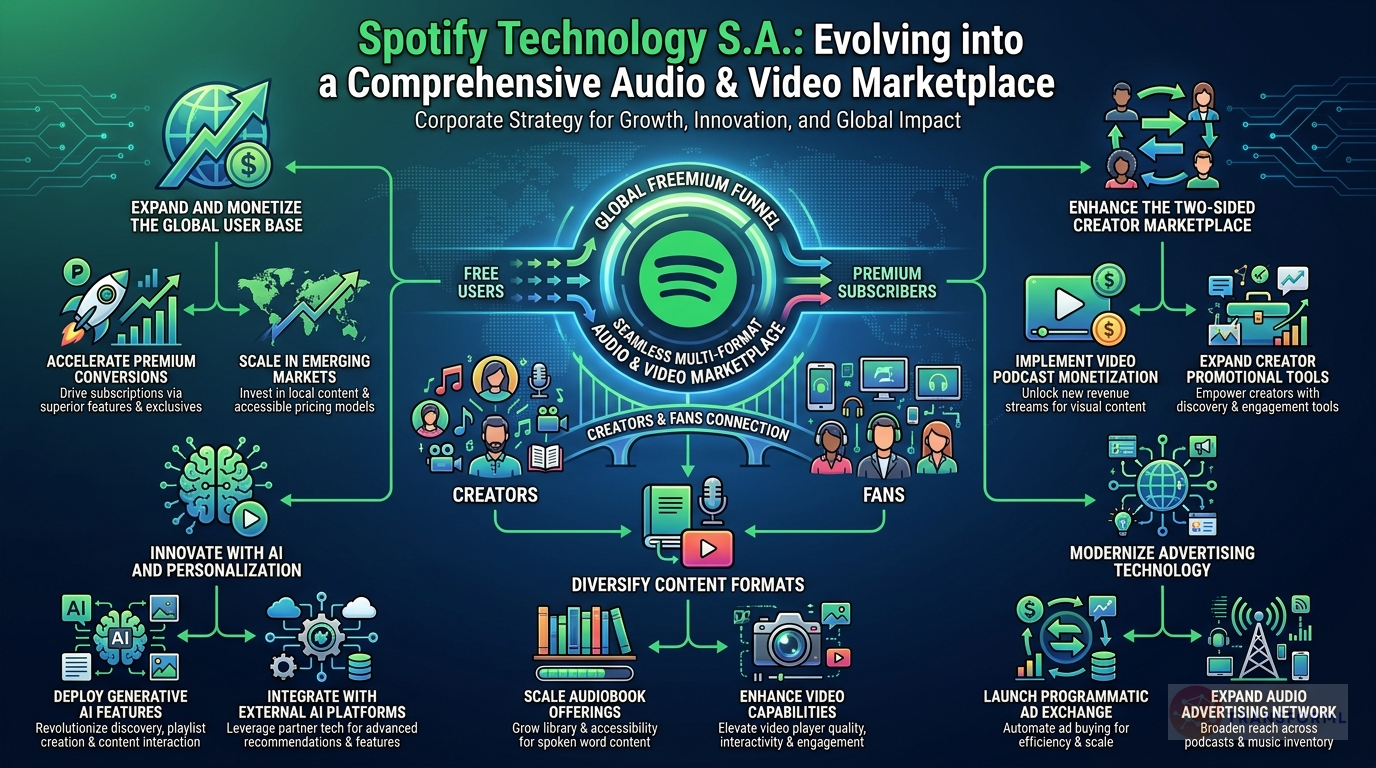 Spotify Technology S.A. strategy cascade analysis highlighting Two-Sided Marketplace Expansion and AI-Driven Personalization and Discovery.
