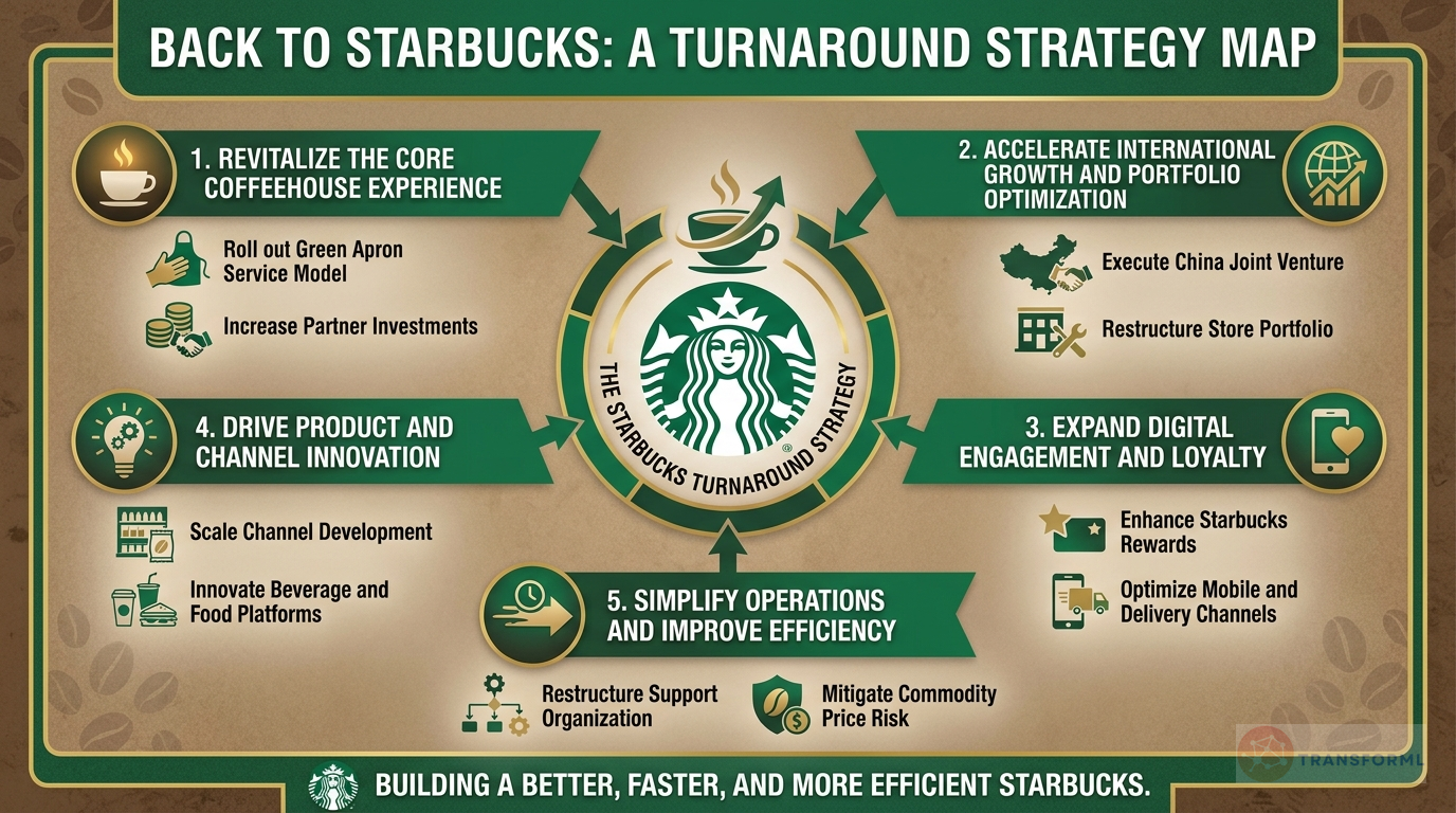 Starbucks Corporation strategy cascade analysis highlighting Back to Starbucks Turnaround and Partner and Customer Experience Enhancement.