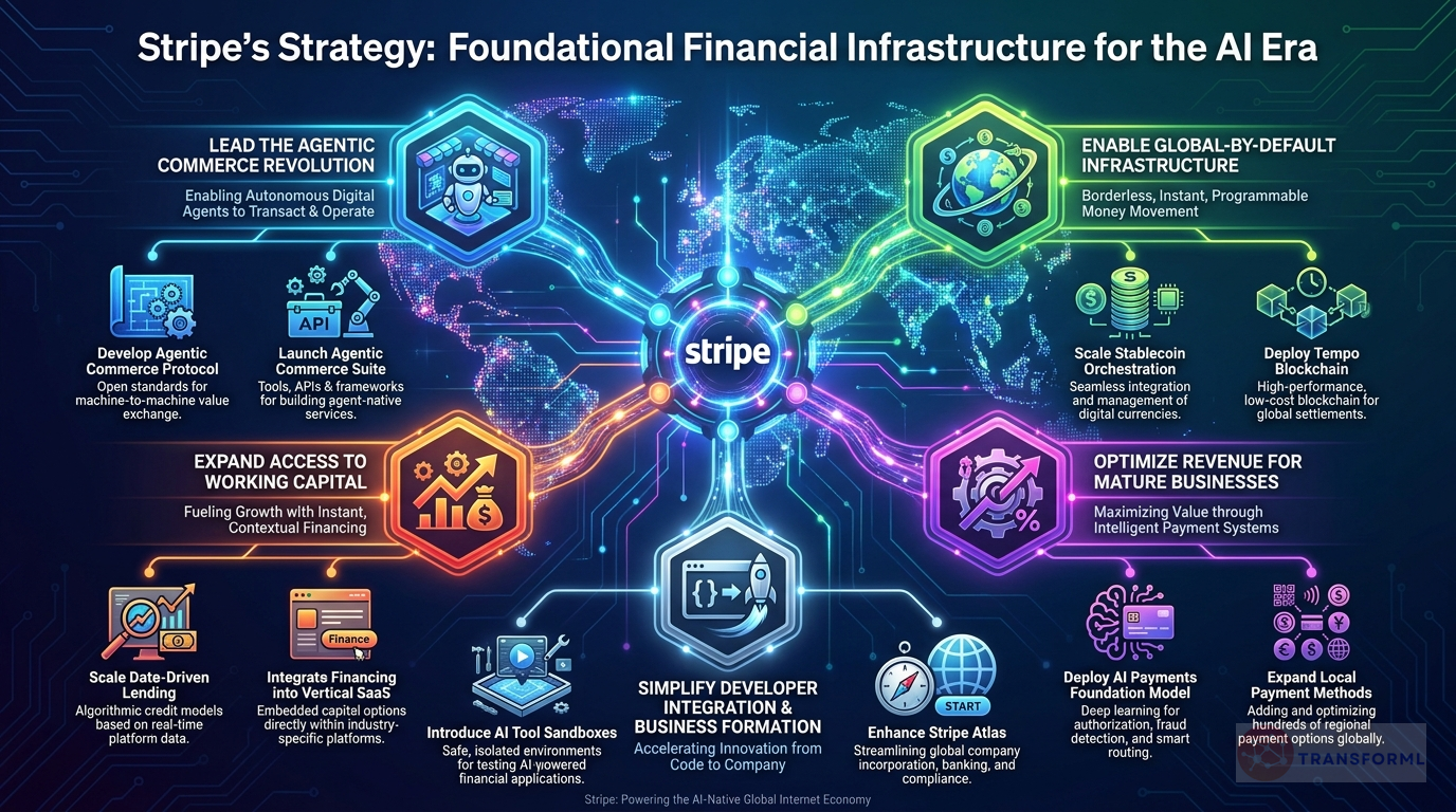 Stripe strategy cascade analysis highlighting Agentic Commerce & AI Integration and Global-by-Default Financial Infrastructure.