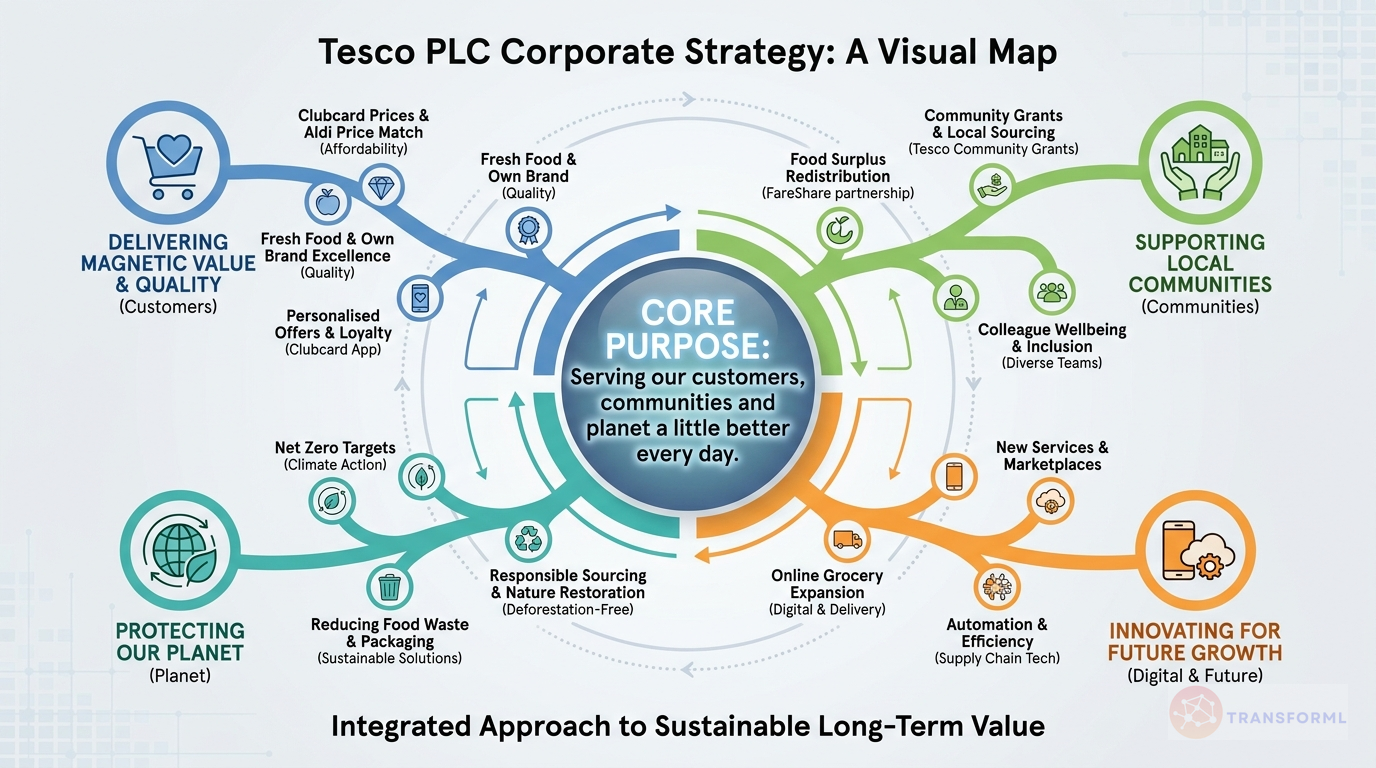 Tesco PLC strategy cascade analysis highlighting Magnetic value for customers and I love my Tesco Clubcard.