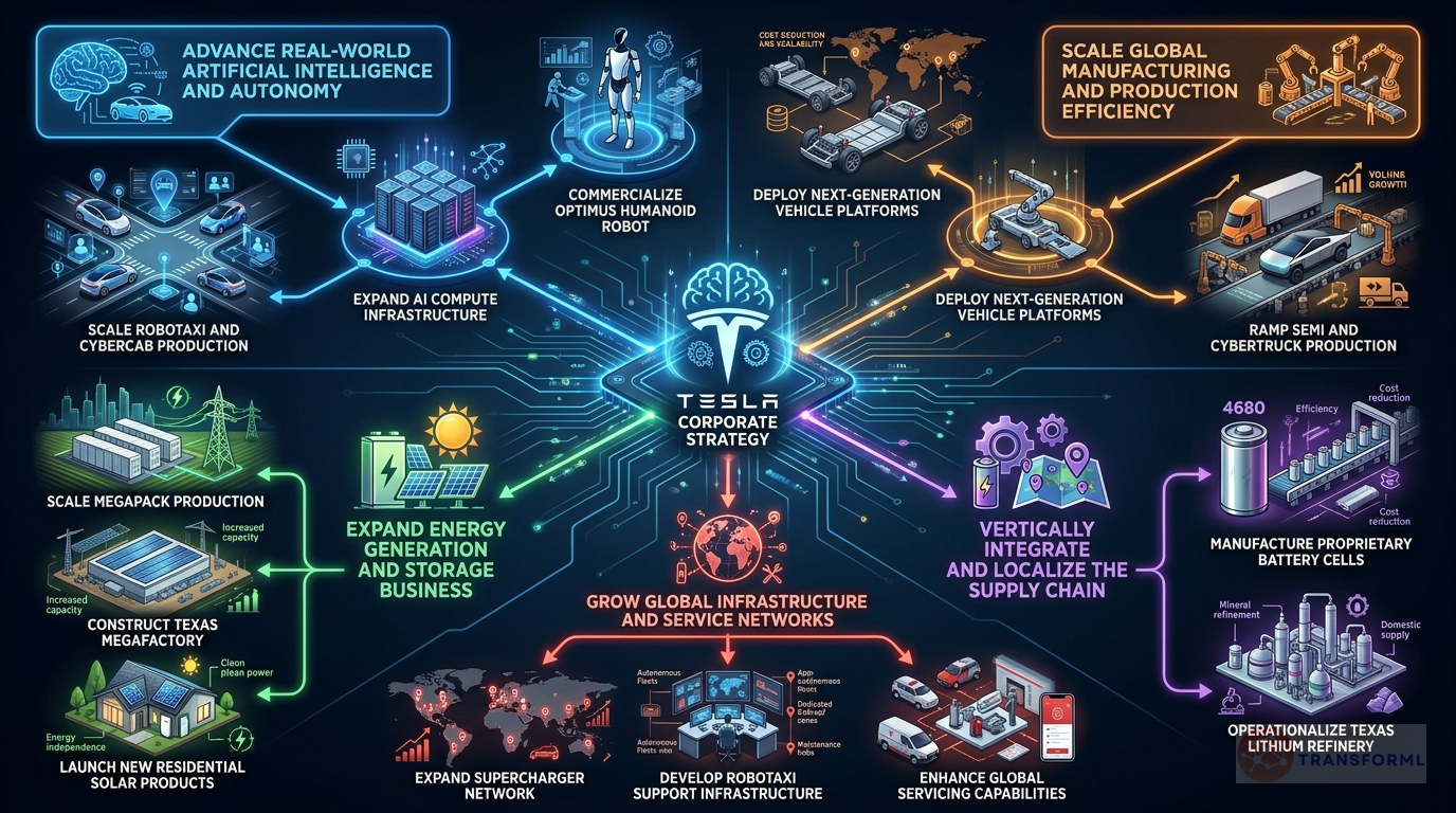 Tesla, Inc. strategy cascade analysis highlighting Artificial Intelligence & Autonomy and Manufacturing Scale & Efficiency.